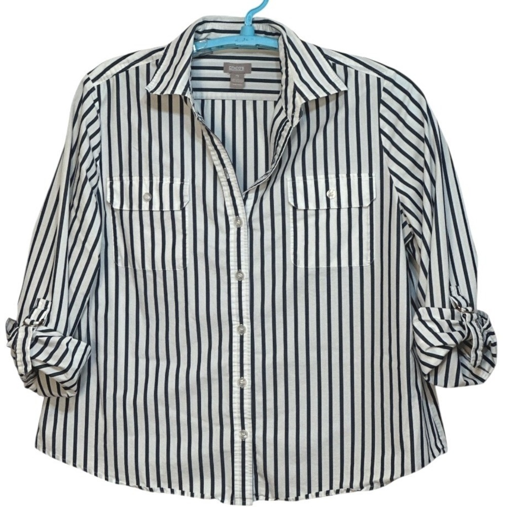 Chicos Shirt Womens Black White Stripe Roll Tab Sleeve Nautical Vacation 3/US XL